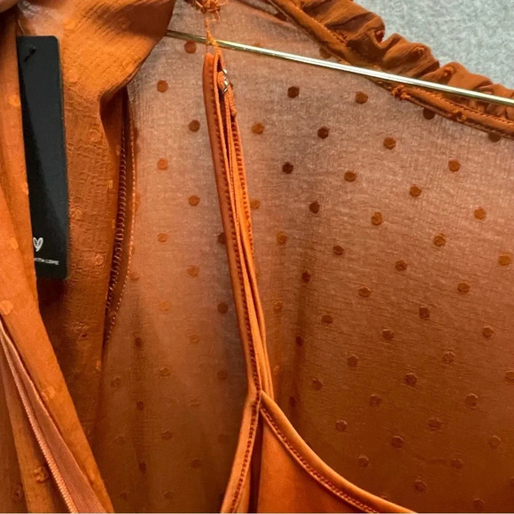 Lulu’s Dreaming of You Rust Swiss Dot Tiered Midi Dress - Picture 4 of 8